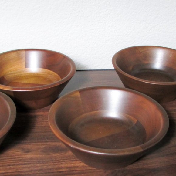 Vintage Mid Century Modern Vermillion Real Walnut Set of 5 Salad Bowls 6" - Picture 4 of 6
